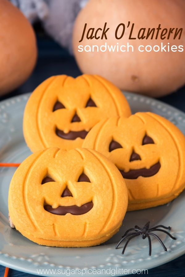 These Jack O Lantern cookies are a fun twist on sandwich cookies - the perfect Halloween cookie for adults