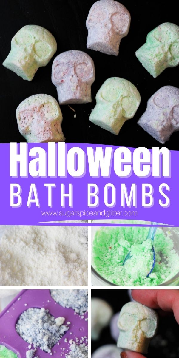 How to make Skull Bath Fizzies, a fun Halloween bath bomb recipe that you can customize with any scent or color you'd like! These mini bath bombs are perfect for adding to a pedicure foot soak or add multiple fizzies to your bath.