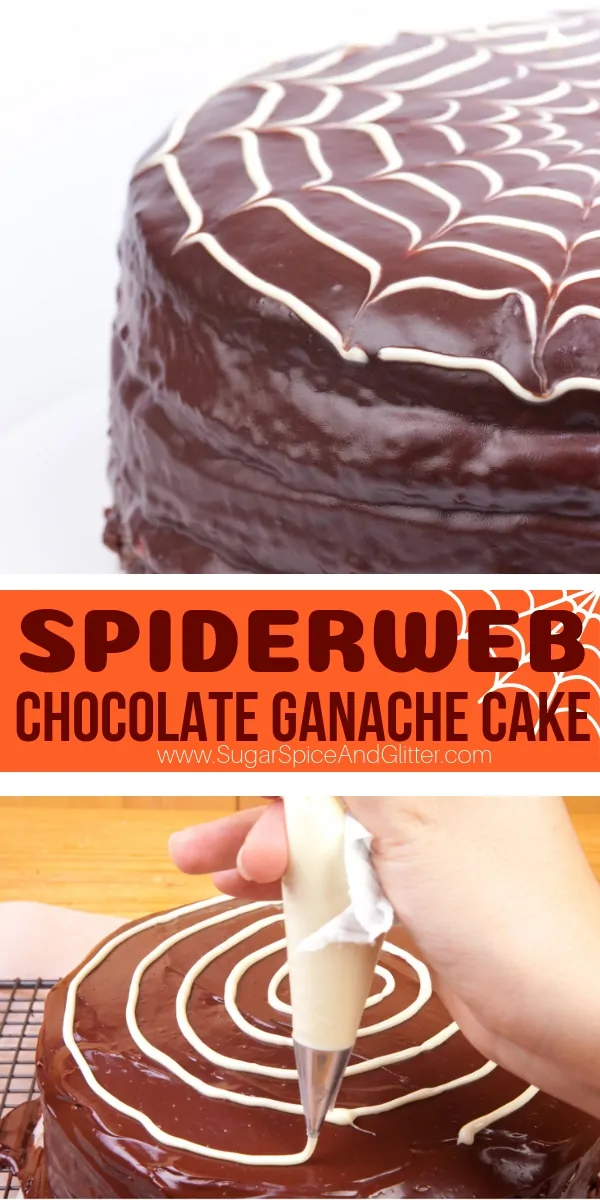 A fun spider web dessert for Halloween, this Chocolate Ganache Spider Web Cake is a super easy Halloween cake that makes a big impression! Perfect for Halloween parties