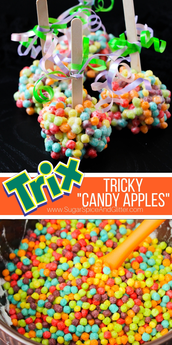 A fun alternative to candy apples, these Trix treats on a stick are a delicious twist on Rice Krispie treats! A no-bake Halloween dessert for kids to help make, Trix Marshmallow Treats on a stick