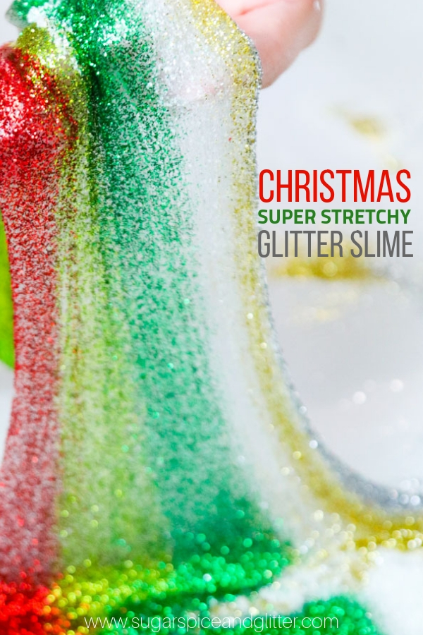 Super stretchy slime makes the ultimate homemade Christmas gift for slime fans! How to make glitter slime without borax