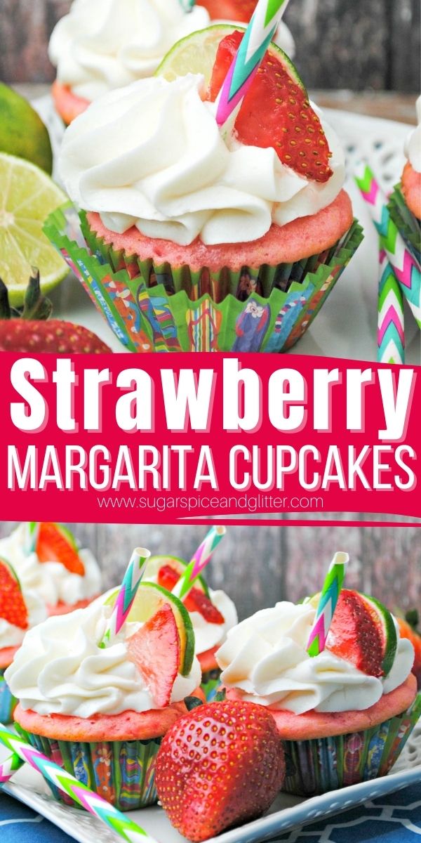 A fun boozy cupcake recipe perfect for Cinco de Mayo, BBQs or game nights, this Strawberry Margarita Cupcake recipe features tequila in the cupcake and frosting!