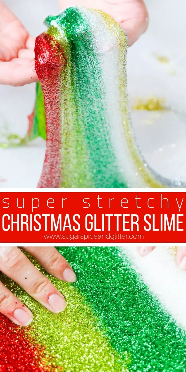 A super simple 3-ingredient glitter slime recipe without borax, for stretchy slime everytime! Christmas sensory play