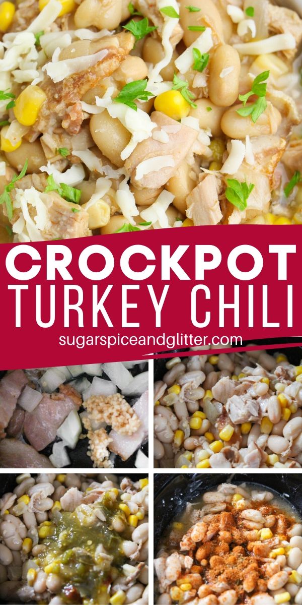 Leftover turkey? Make this delicious and healthy Crockpot White Turkey Chili - super flavorful and packed full of protein!