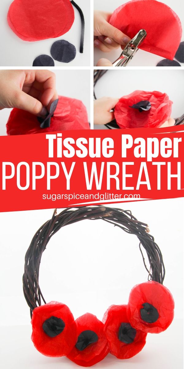 A simple poppy craft for kids, this Tissue Paper Poppy Wreath is a gorgeous Remembrance Day craft or Veteran's Day project for kids. Easy flower wreath for kids