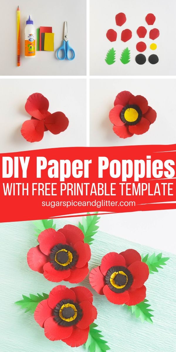 Making DIY paper poppies with kids is a great way to facilitate conversations about the reasons for Remembrance Day, Veteran's Day or Memorial Day. An easy flower craft for kids