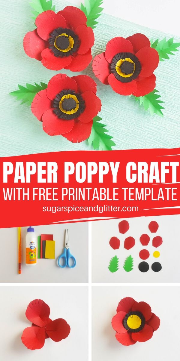 A free printable and step-by-step tutorial for how to make paper poppies for Memorial Day. A simple poppy craft for older kids