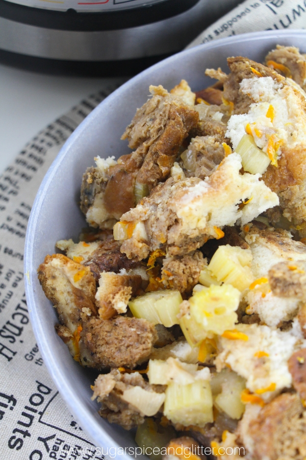 Moist, flavorful instant pot turkey stuffing is incredibly easy to make and shaves over an hour off of your holiday cooking time