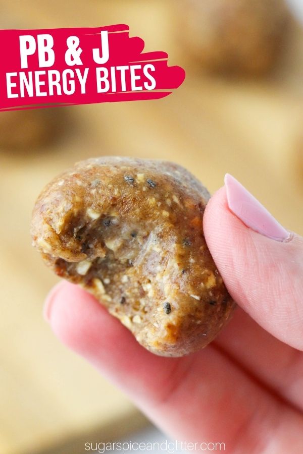 A quick and easy 10-minute recipe for no-bake peanut butter energy bites. A delicious protein ball recipe that will give you a boost while satisfying your sweet tooth. These chewy, nutrient-dense snacks taste just like a PB&J sandwich!