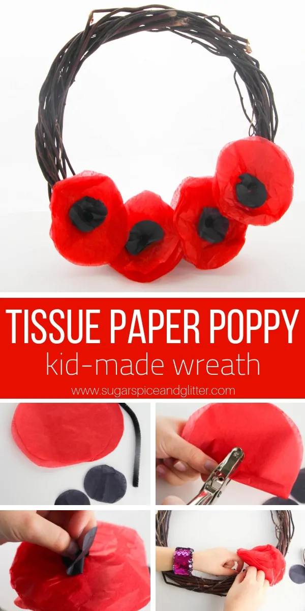 A simple poppy craft for kids, this Tissue Paper Poppy Wreath is a gorgeous Remembrance Day craft or Veteran's Day project for kids