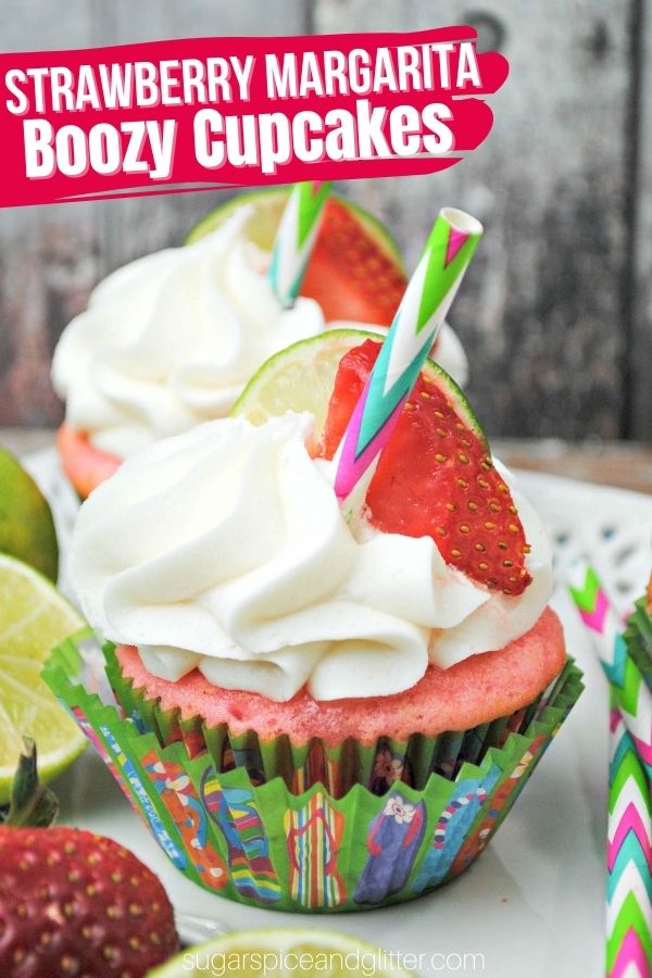 Today's Strawberry Margarita Cupcake is a zingy, sweet, summer cupcake with the fresh, juicy flavor of strawberries cut with a hit of lime juice and a light (but noticeable) infusion of tequila.