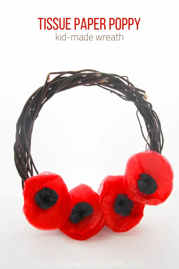 A simple tissue paper poppy craft for kids that makes a gorgeous Remembrance Day Wreath or Veteran's Day craft for kids