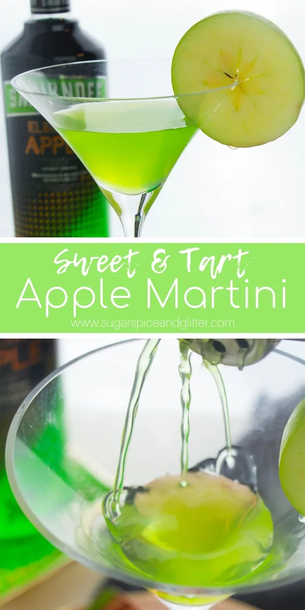 Sweet, Tart and Juicy Appletini recipe - this Apple Martini is a fun vodka cocktail for a girl's night. Vibrant apple flavor with a punch