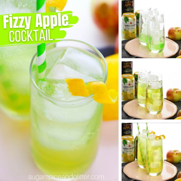 composite image of a fizzy apple cocktail with a lemon twist garnish along with three in-process images of how to make a fizzy apple cocktail
