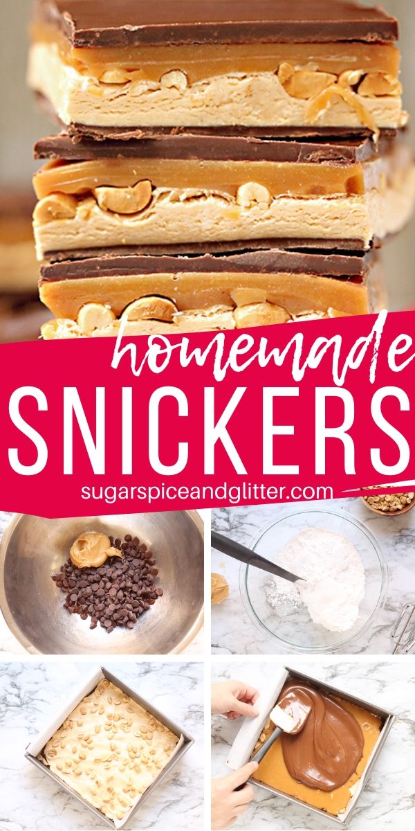 If you love Snickers, you are going to go crazy for our super simple recipe for homemade Snickers! These no bake peanut butter chocolate bars and indulgent and perfect for a party or bake sale