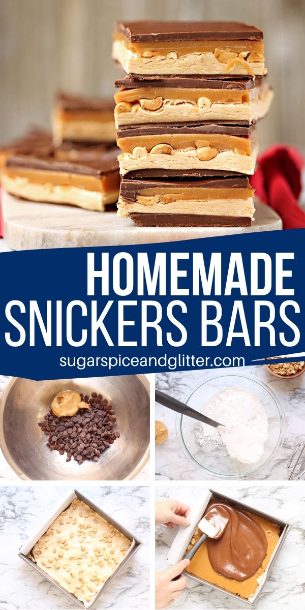 Satisfy your Snickers craving with these indulgent and super easy Homemade Snickers Bars! A simple no-bake recipe for the ultimate peanut butter chocolate dessert