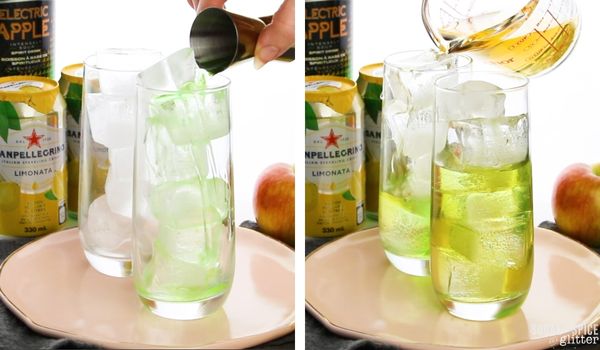 in-process images of how to make a fizzy apple cocktail