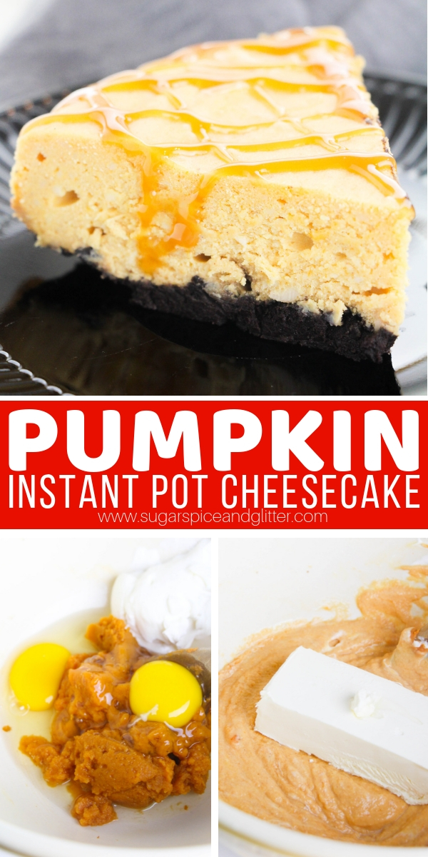 A delicious, silky and melt-in-your-mouth pumpkin cheesecake without the oven! This Instant Pot Pumpkin Cheesecake has amazing flavor with from-scratch pumpkin filling, chocolate crust and salted caramel drizzle