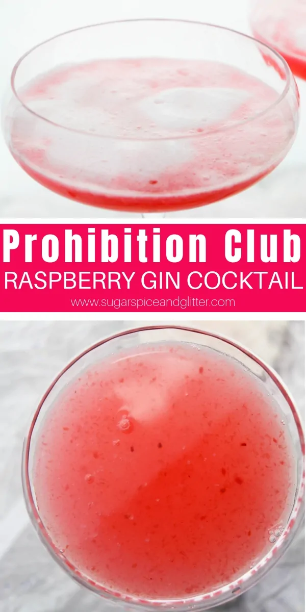 Our Prohibition Club cocktail is a raspberry lemonade cocktail made with gin and a frothy egg white - perfect for 1920s Gatsby themed parties!
