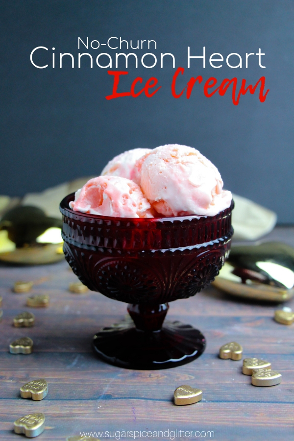 A smooth and creamy cinnamon heart ice cream with spicy cinnamon flavor and ribbons of melted cinnamon hearts drizzled throughout. A delicious Valentine's Day dessert - no churn cinnamon heart ice cream!