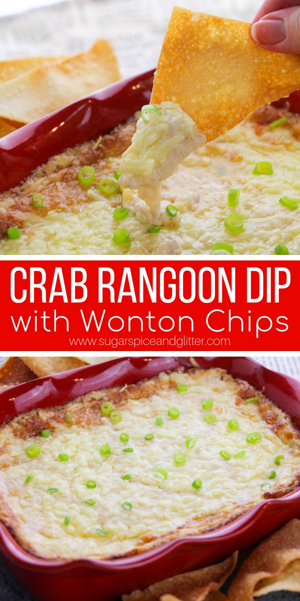 You have not lived until you have tasted this 3-cheese Crab Rangoon Dip with fried wonton chips inspired by crab rangoon wontons