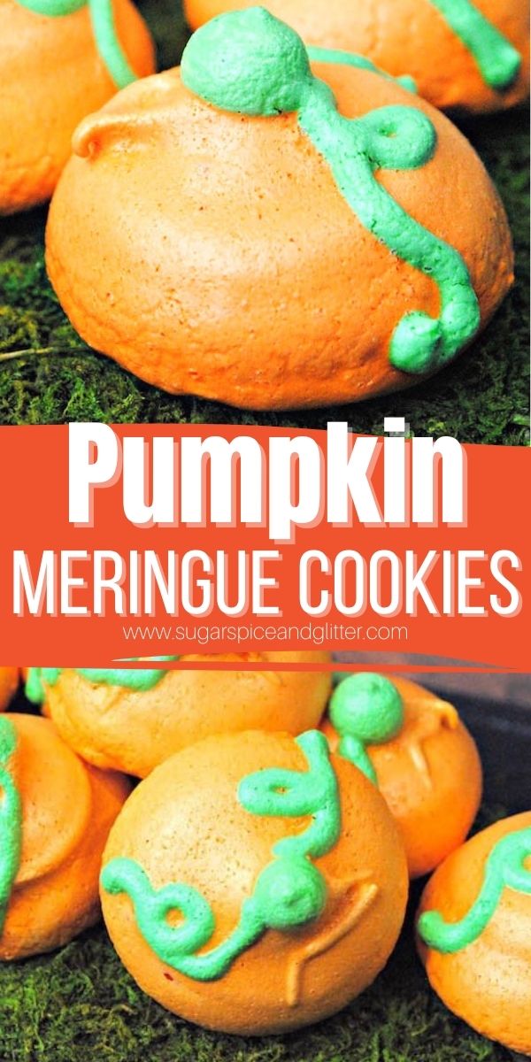Melt-in-your-mouth Pumpkin Meringue Cookies are the perfect fall dessert when you want something delicious yet light. This recipe makes enough for you to make your own mini pumpkin patch to serve at any fall get-together or Halloween party.