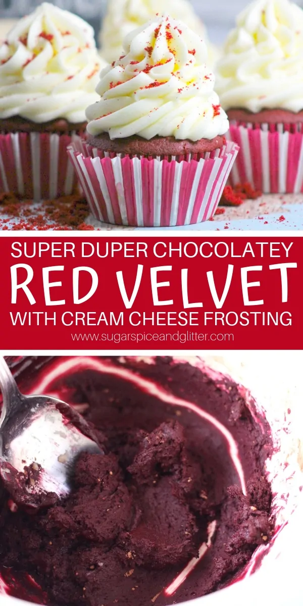 How to make red velvet cupcakes without food dye using a simple kitchen chemistry hack! Pair it with our rich and tangy cream cheese frosting for the ultimate red velvet cupcake