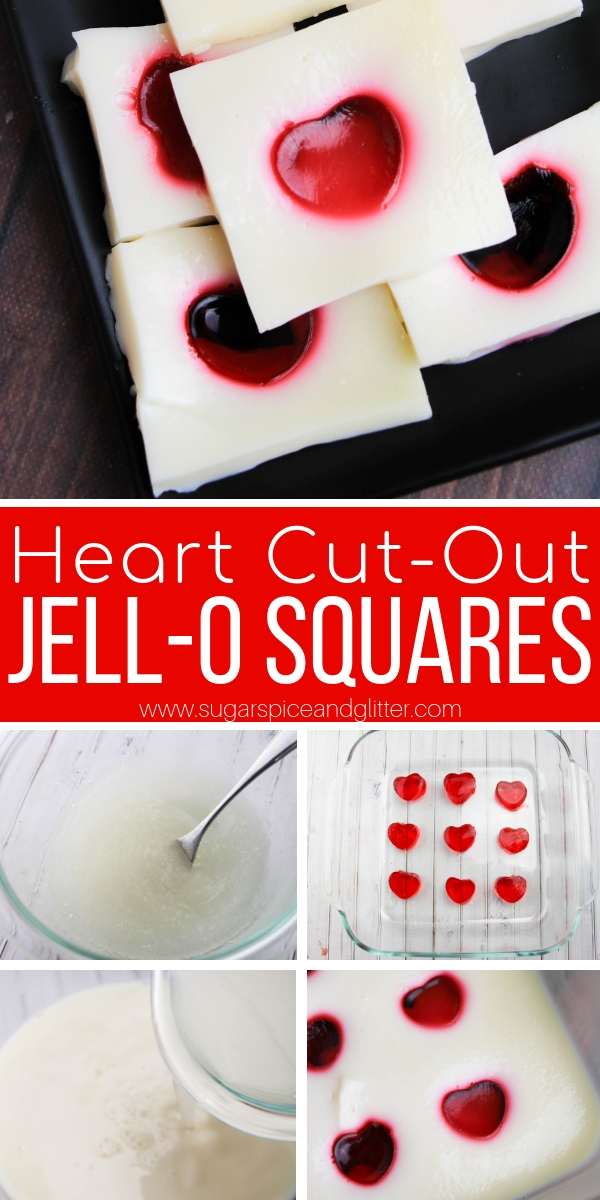 A unique Jello Squares recipe featuring a shape inside! We made homemade milk gelatin for the white Jello square to make that Jello heart really pop!
