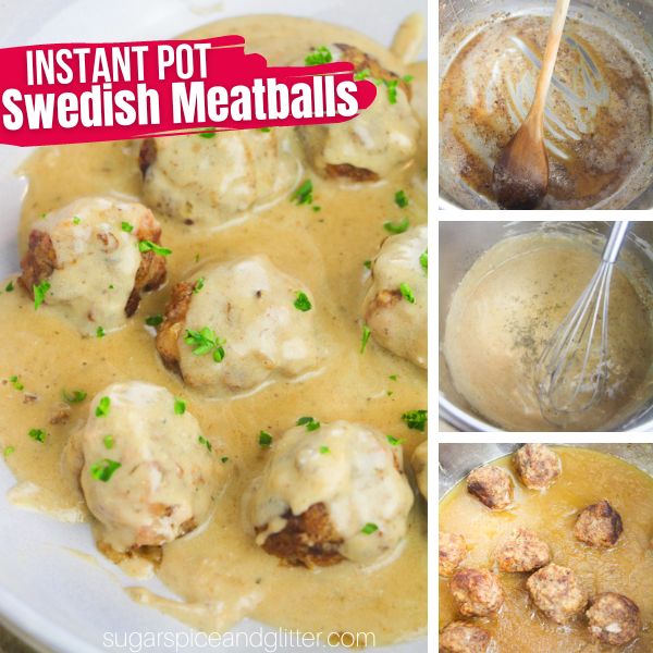composite image of swedish meatballs and gravy in a blue bowl sprinkled with parsley along with three images of how to make the recipe