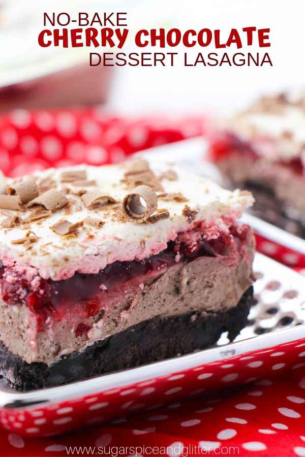 A No Bake Cherry Chocolate dessert, this Chocolate Lasagna is a fun take on a Black Forrest Cake, with way less work!