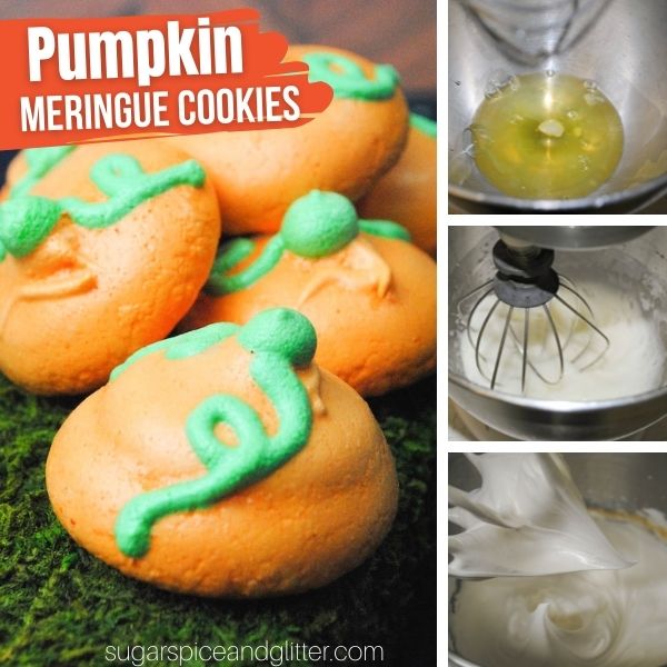 composite image of orange pumpkin meringue cookies with green piped vines and stem on a bed of grass along with three in-process images of how to make them