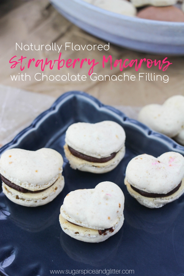 Dye-free Strawberry macarons with chocolate ganache filling. A scrumptious dessert for Valentine's Day or a special anniversary