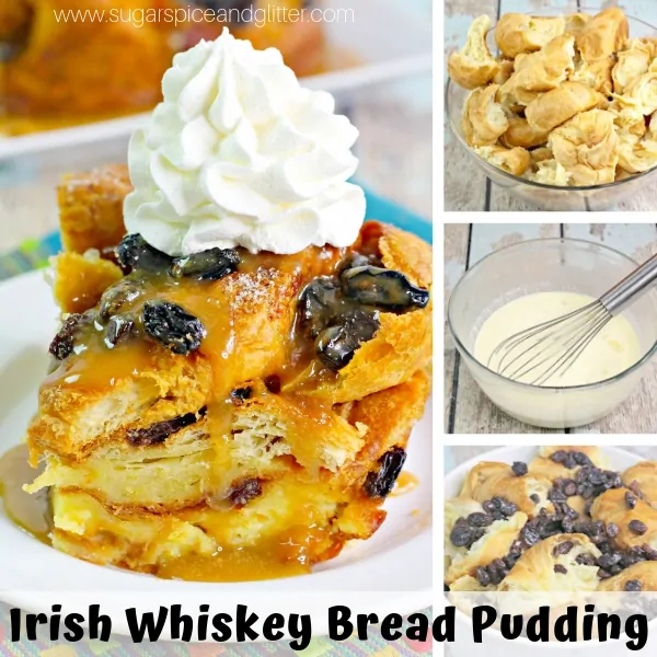 composite image with a slice of irish bread pudding along with three in-process images of how to make it