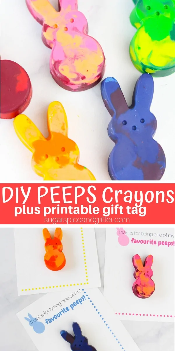 How to make Easter Bunny Crayons, a fun non-edible Easter Gift for kids. Pair with our free Easter printable to give these as an Easter classroom gift