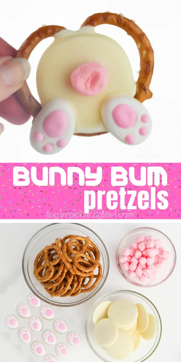 How adorable are these Bunny Butt pretzels? A simple Easter dessert for an Easter party or to include in Easter lunch boxes