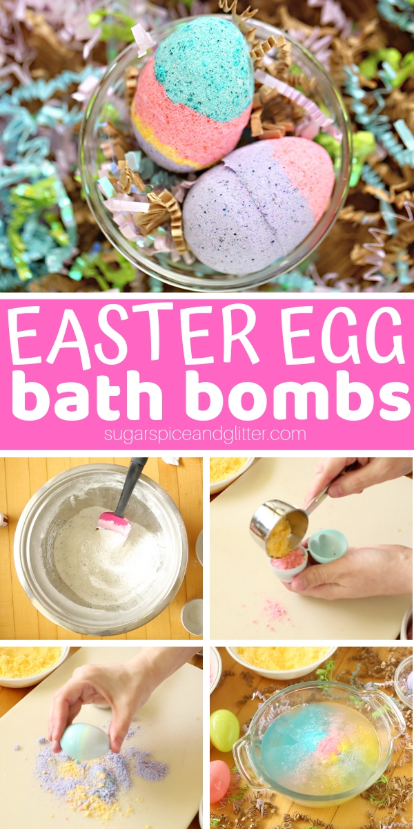 A fun homemade bath bomb for Easter baskets, these Easter Egg Bath Bombs are an easy homemade Easter gift that doubles as a fun Easter activity for kids on a rainy Spring day!