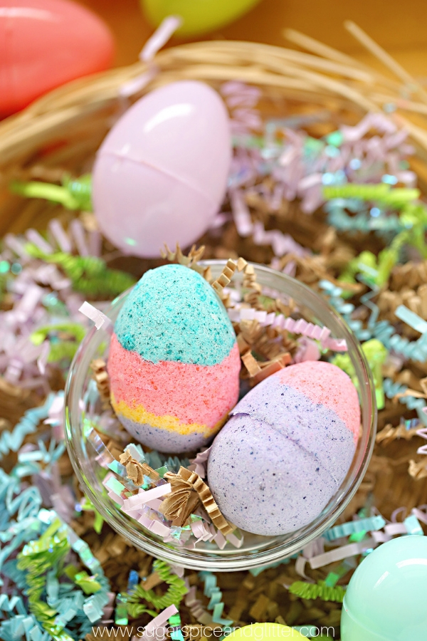 Easter Egg Bath Bombs are a fun non-edible Easter basket idea that kids can also help make