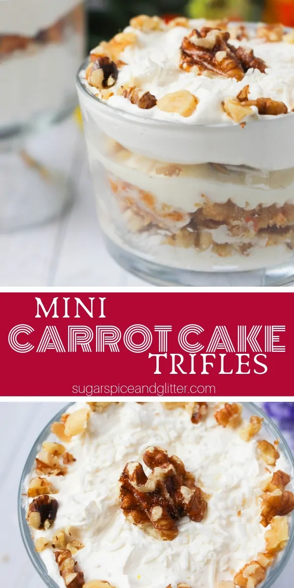 How to make individual mini carrot cake trifles - a delicious and easy alternative to decorating a traditional carrot cake. These Mini Trifles are perfect for Easter or special birthdays and feature layers of warmly spiced carrot cake and smooth and tangy cream cheese frosting with little hints of shredded coconut and walnuts for flavor and crunch