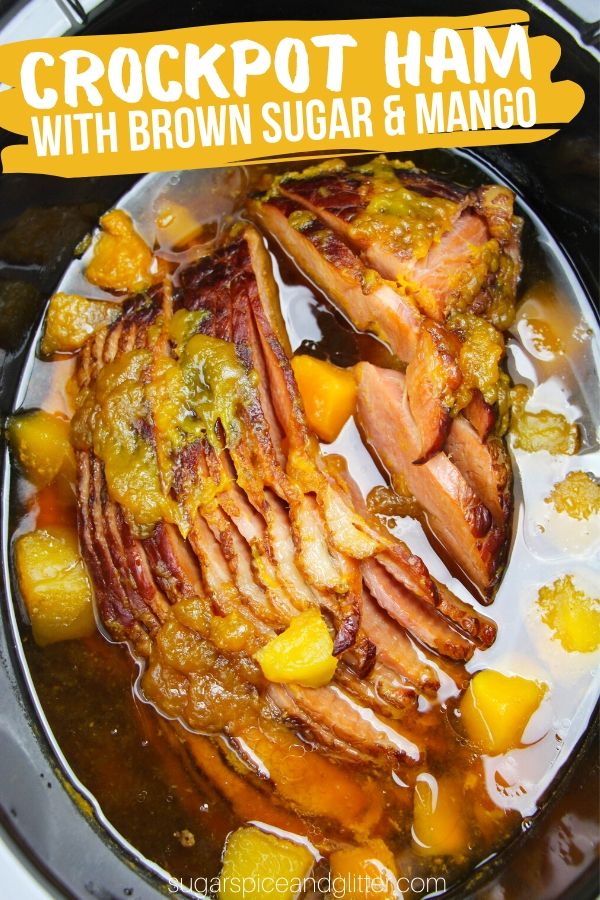 The best, most succulent crockpot ham recipe you will ever make, this Crockpot Brown Sugar Mango Ham is sweet, savoury and super simple!
