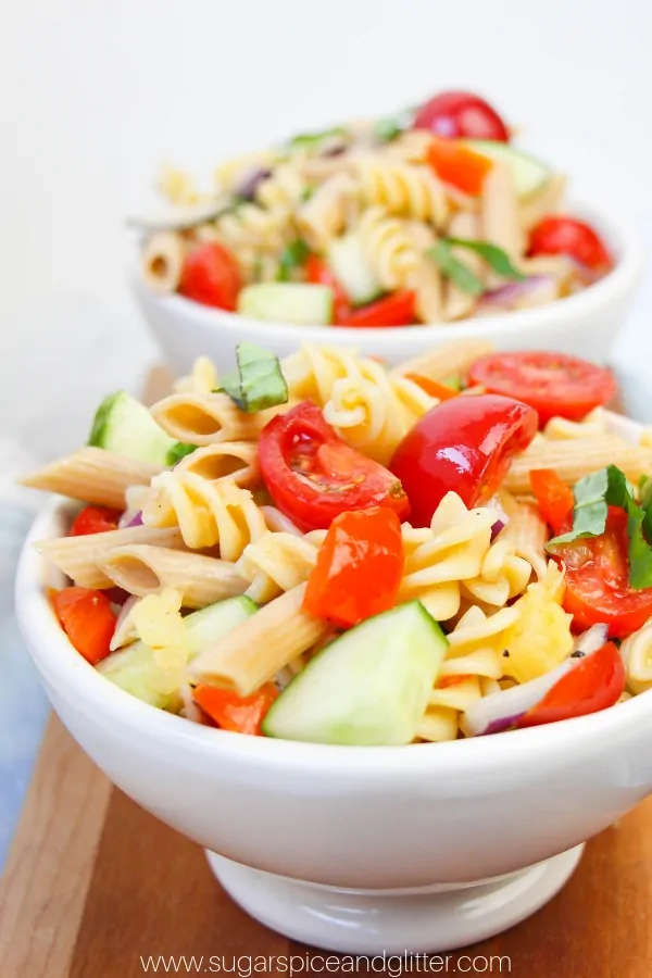 A colorful and healthy pasta salad recipe for kids. This vegan pasta salad is perfect for summer BBQs or easy lunch prep