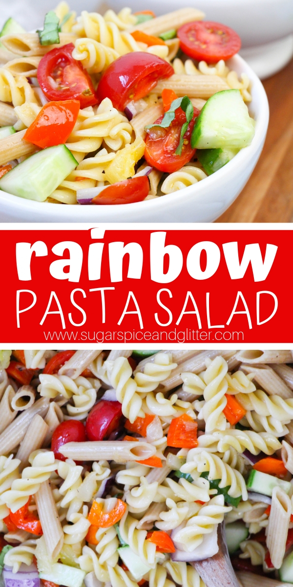 This healthy pasta salad recipe is perfect hot or cold. A rainbow pasta salad for kids and adults alike, this is a great prep-ahead salad recipe