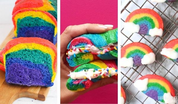 composite image of rainbow recipes: rainbow bread, rainbow bagels and rainbow cookies