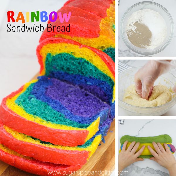 compsite image of rainbow bread sliced and three images of how to make the bread