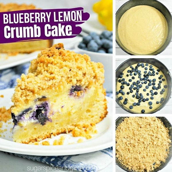 composite image of a lemon blueberry coffee cake along with three images showing how to make the recipe
