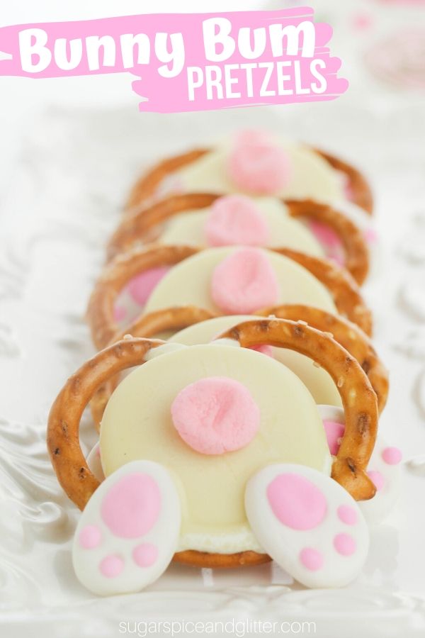 These Bunny Bum Pretzels are a sweet and salty Easter dessert that take less than 10 minutes to make! The kids will love this funny Easter Bunny dessert