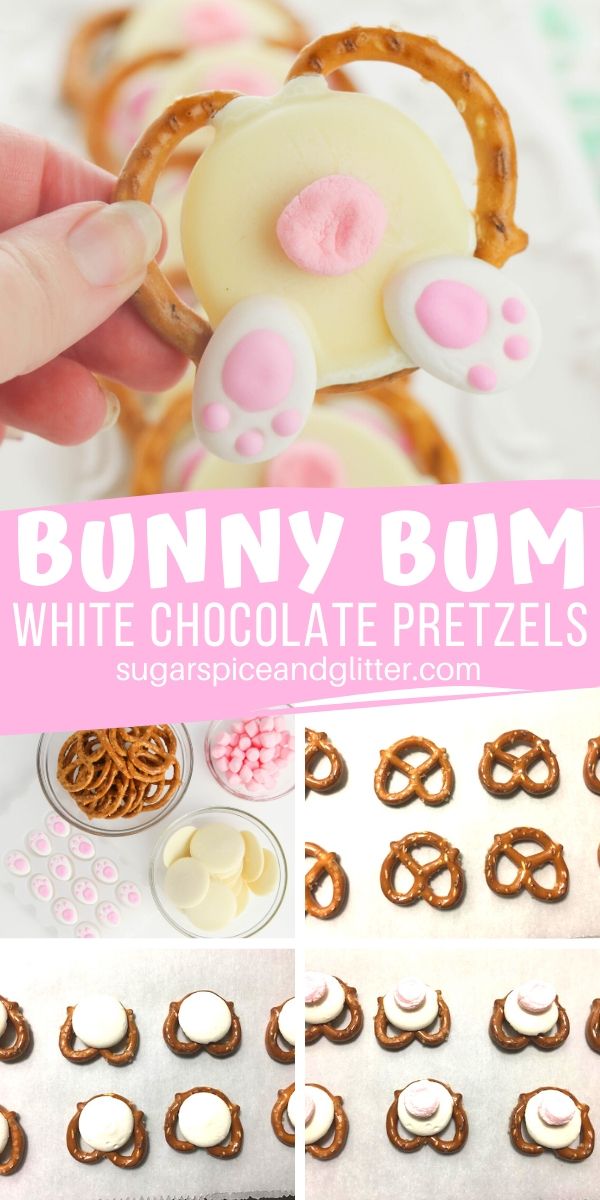 A simple tutorial (plus video) for how to make adorable Bunny Bum Pretzels, a sweet and salty Easter dessert everyone will love