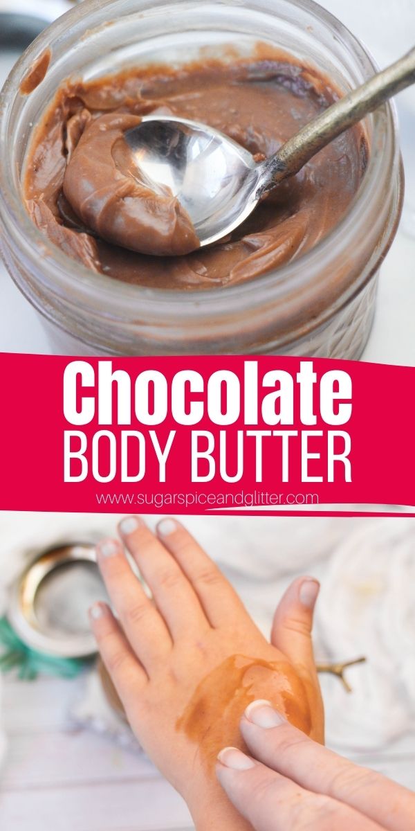 How to make homemade body butter with a delicious chocolate peppermint scent. This easy body butter recipe is luxurious and hydrating, perfect for treating yourself - and thick enough to be a foot butter for dry, cracked feet