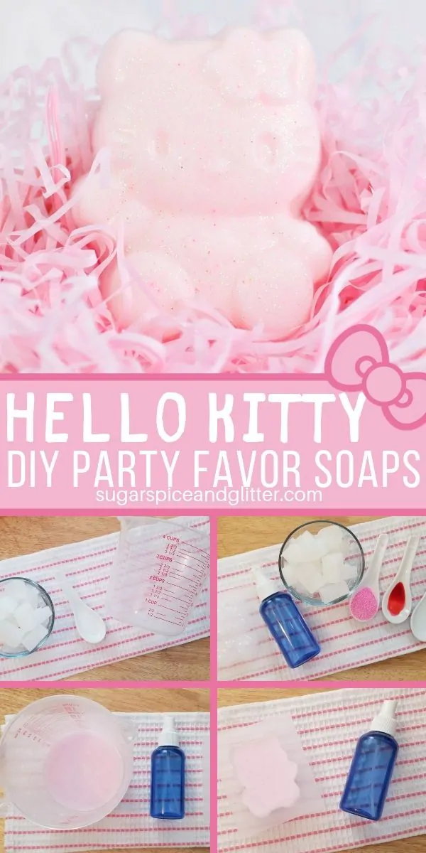 A step-by-step guide for homemade Hello Kitty soaps, the perfect homemade gift or party favor for a Hello Kitty birthday party