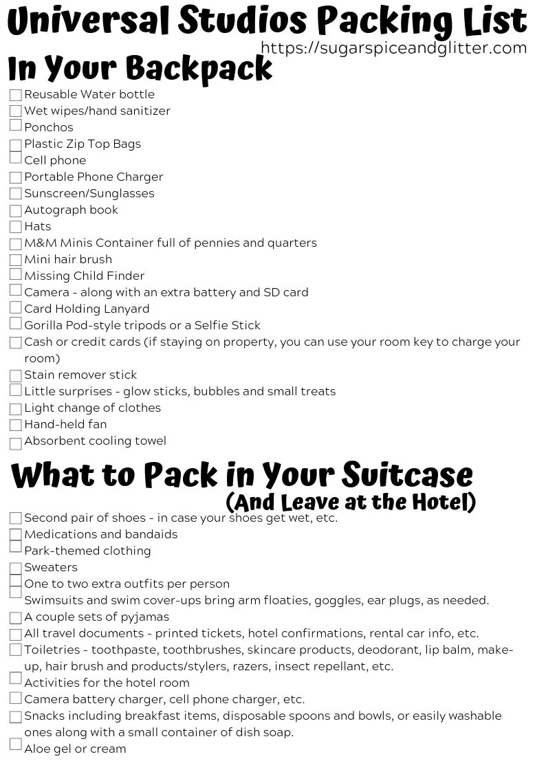 Grab your free printable packing list for Universal Studios on Sugar, Spice and Glitter