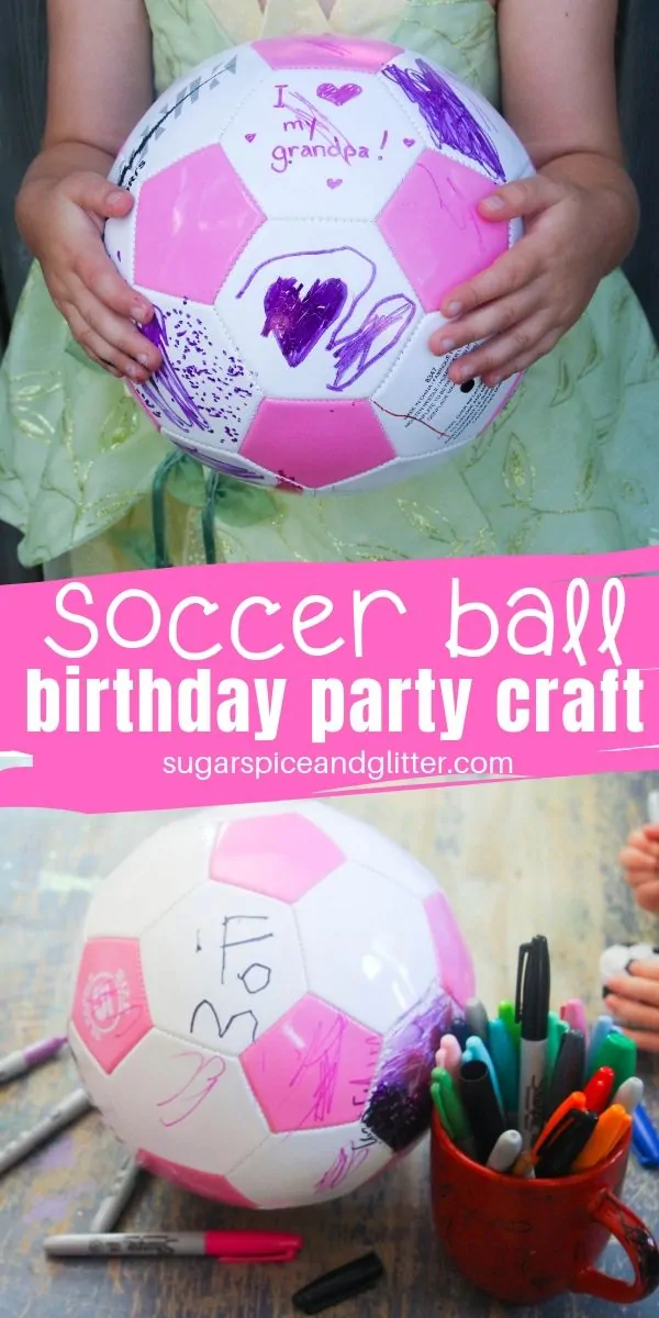 A special birthday party craft that doubles as a thoughtful gift for a birthday girl or boy! Have all guests customize one panel of a soccer ball as a birthday keepsake